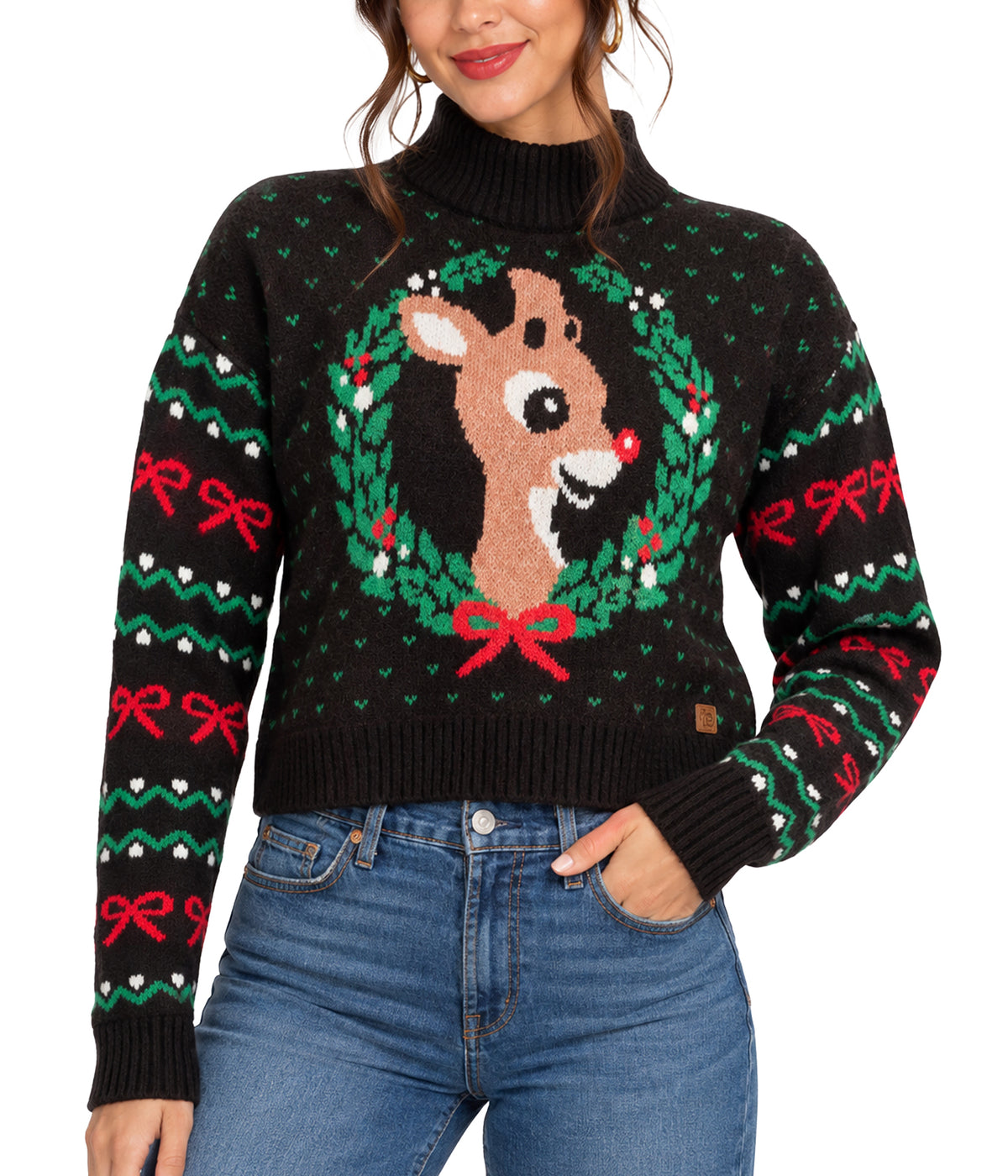 Women's Cozy Knit Rudolph Wreath Cropped Christmas Sweater