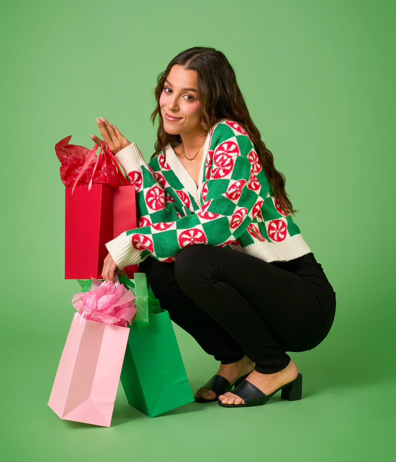 Women's Cozy Knit Checker Mint Cropped Christmas Sweater Image 2