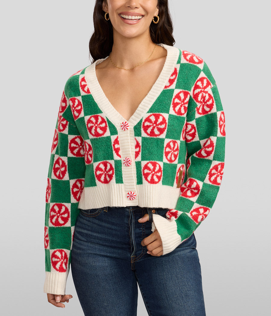 Women's Cozy Knit Checker Mint Cropped Christmas Sweater