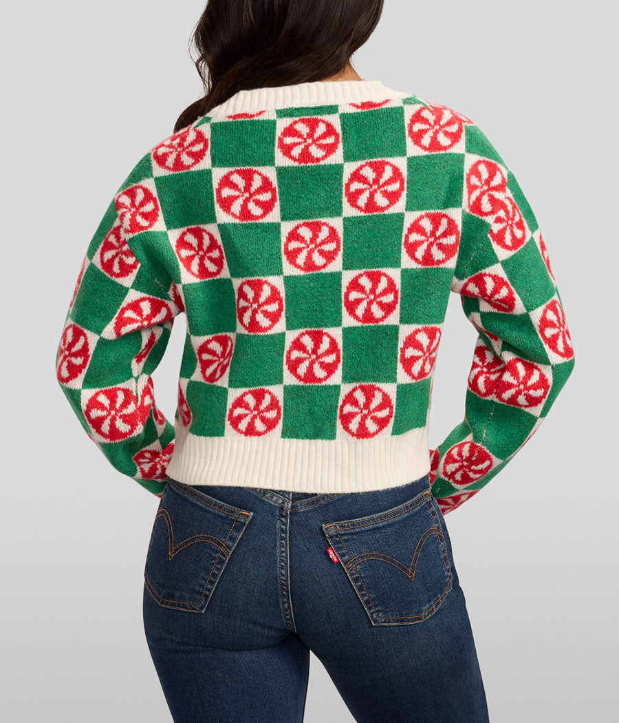 Women's Cozy Knit Checker Mint Cropped Christmas Sweater