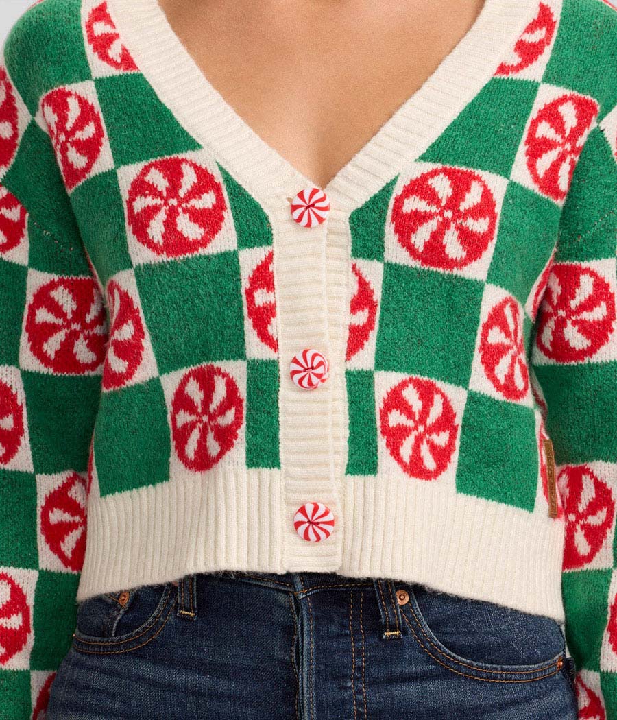 Women's Cozy Knit Checker Mint Cropped Christmas Sweater