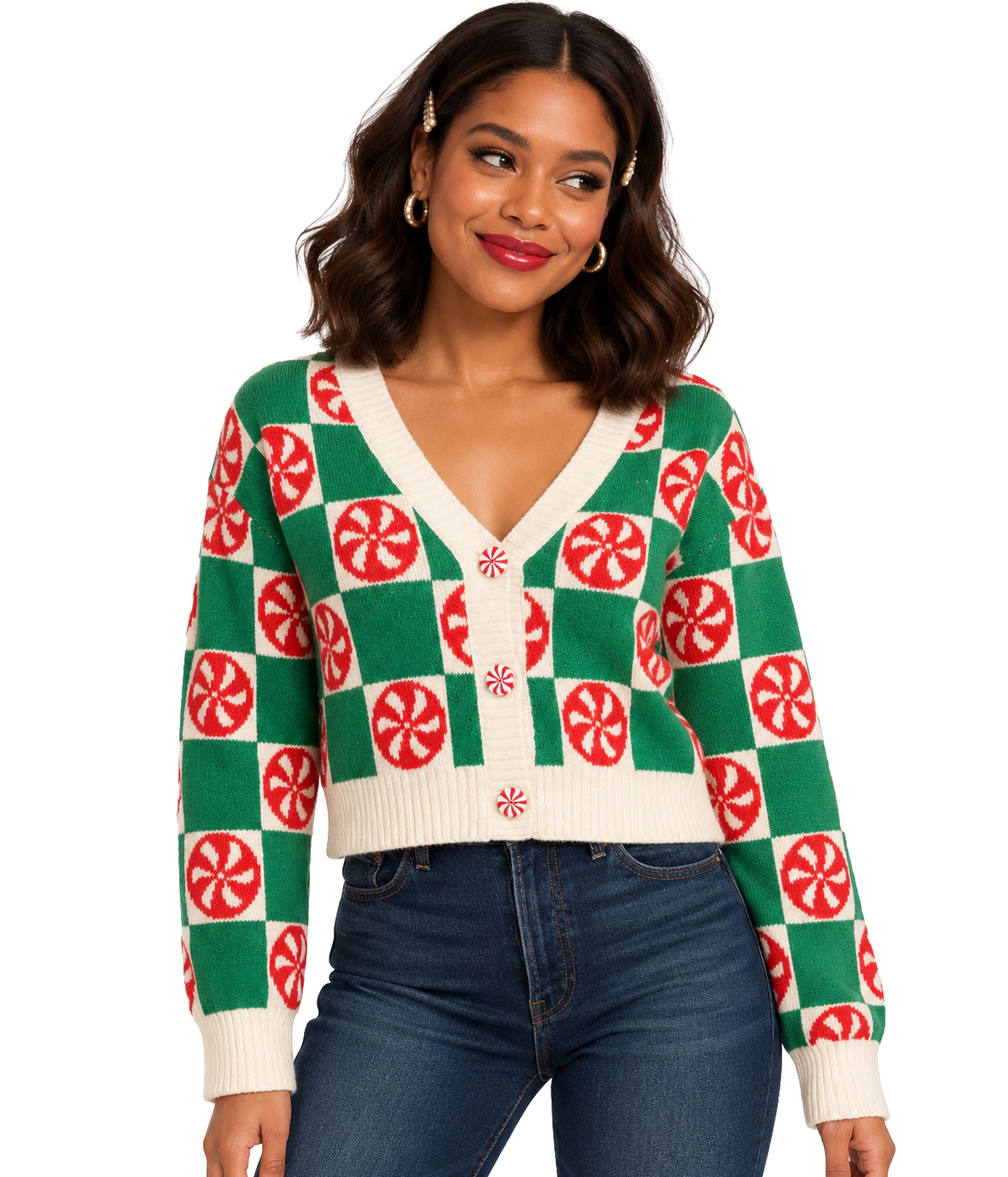 Cozy Knit Checker Mint Cropped Sweater: Women's Christmas Outfits