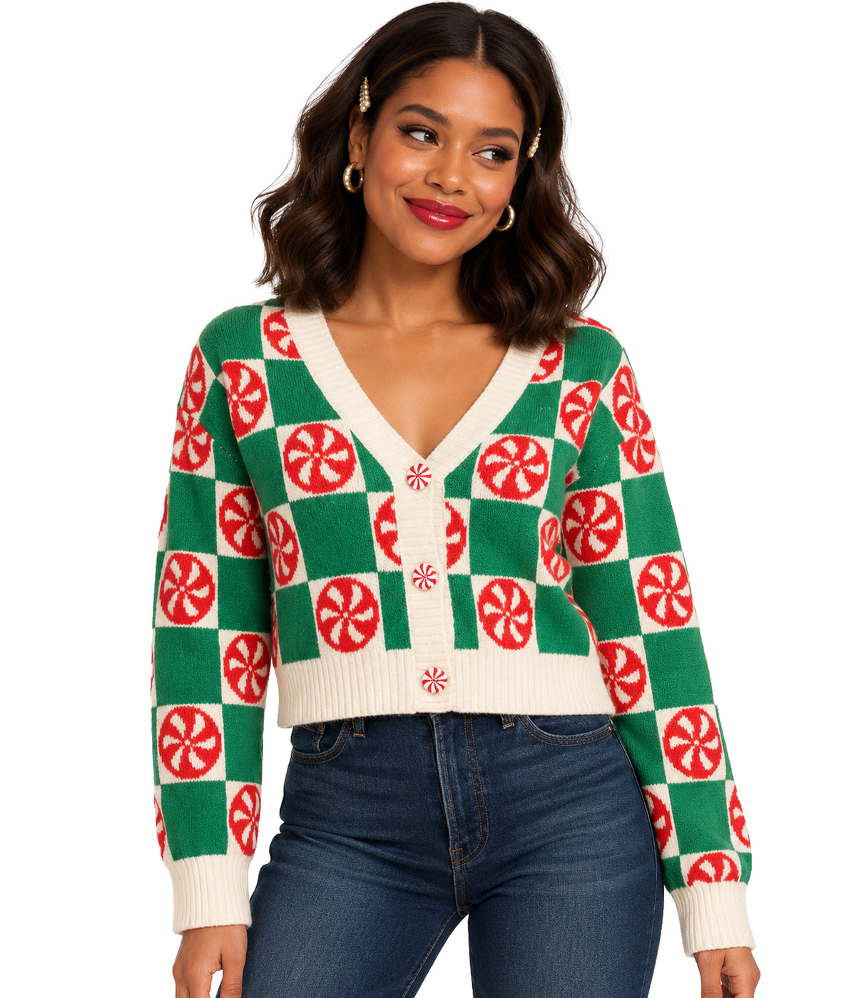 Women's Cozy Knit Checker Mint Cropped Christmas Cardigan Sweater Image 2