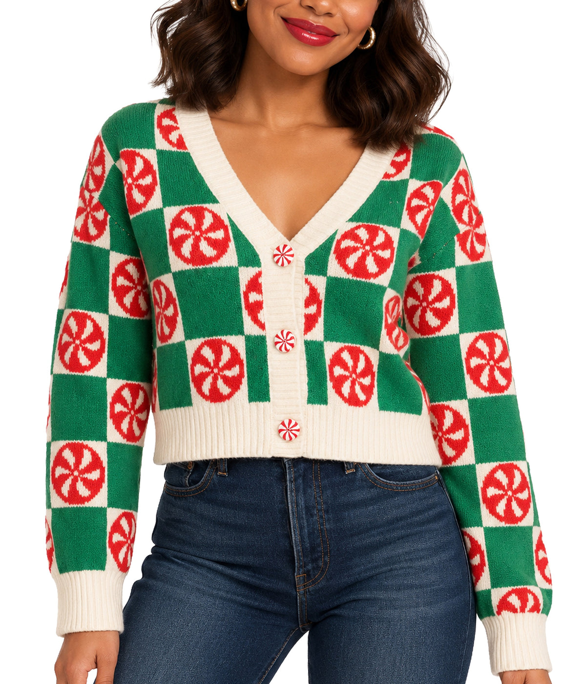 Women's Cozy Knit Checker Mint Cropped Christmas Cardigan Sweater