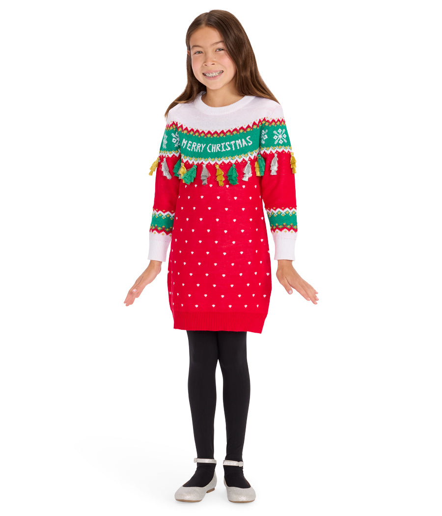 Girl's Merry Christmas Tassel Sweater Dress | Unique Holiday Sweater Dress | Lightweight, Warm, & Soft to the Touch | Red Girl's Merry Christmas Tassel Sweater Dress | Unique Holiday Sweater Dress | Lightweight, Warm, & Soft to the Touch | Red