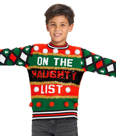 Boy's Naughty or Nice Reversible Sequin Ugly Christmas Sweater Image 2