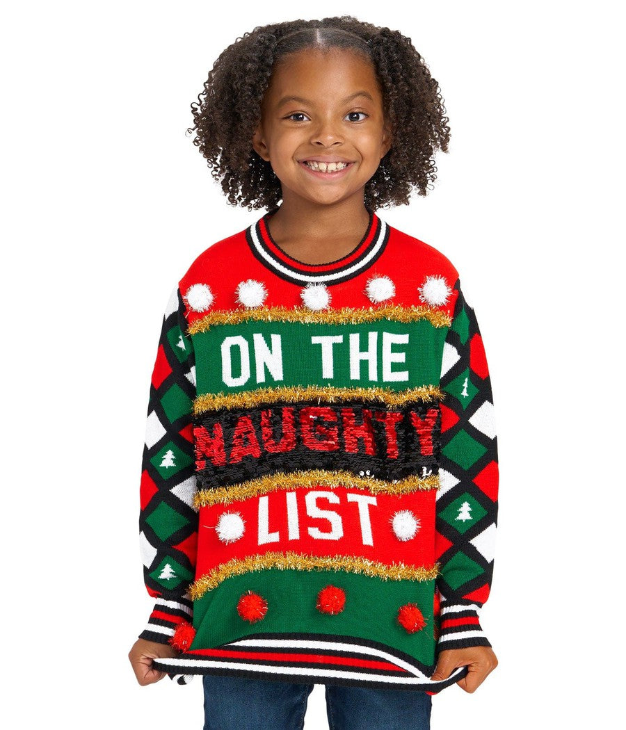 Girl's Naughty or Nice Reversible Sequin Ugly Christmas Sweater Image 2