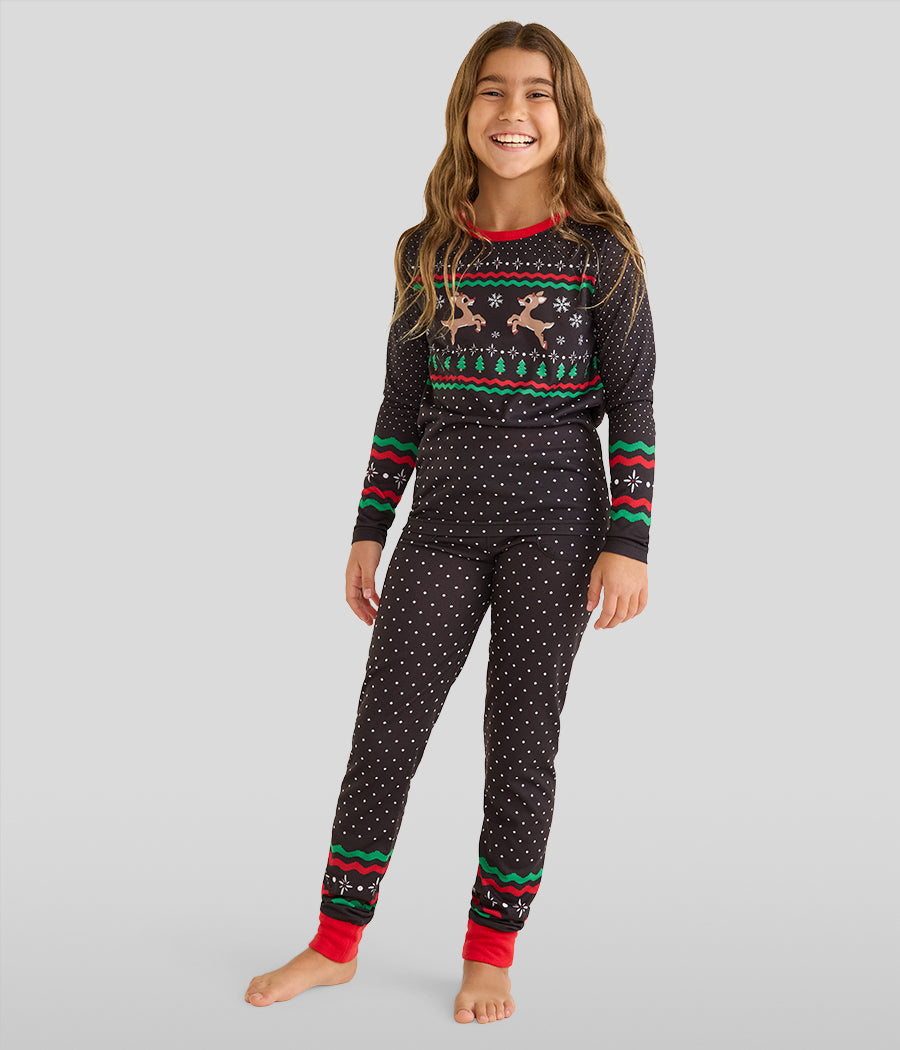 Girl's Fair Isle Rudolph Crew Neck Pajama Set
