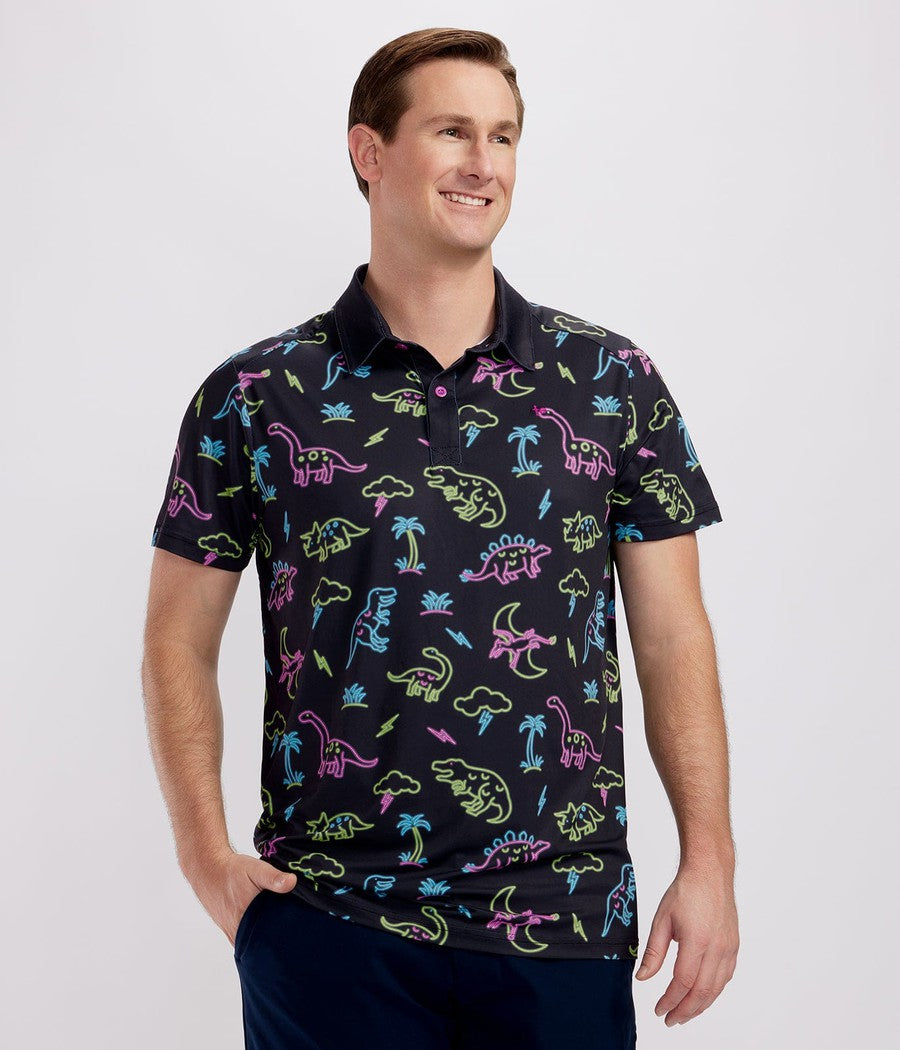 Men's Neon Dinosaur Disc Golf Polo