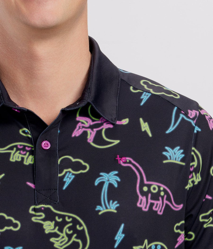 Men's Neon Dinosaur Disc Golf Polo