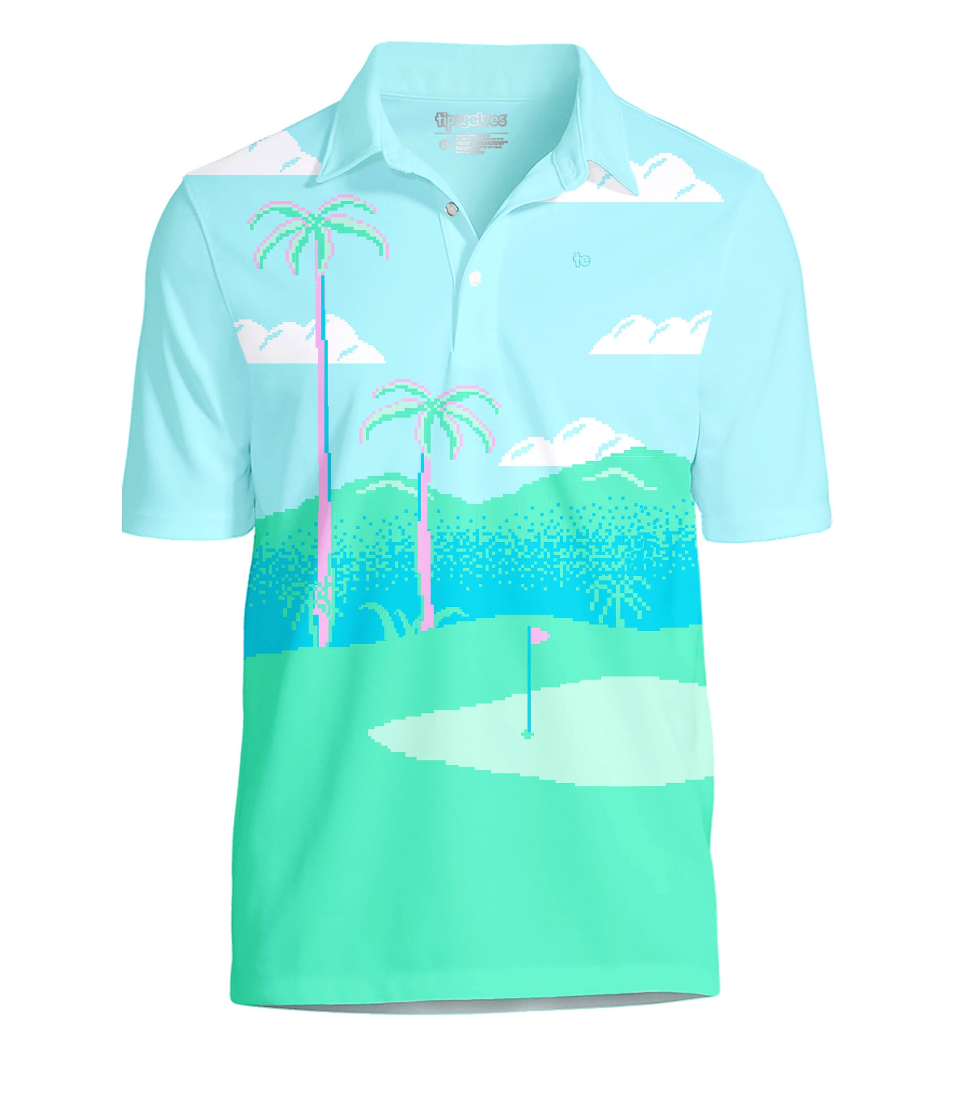 Light blue polo shirt with tropical design on a white background