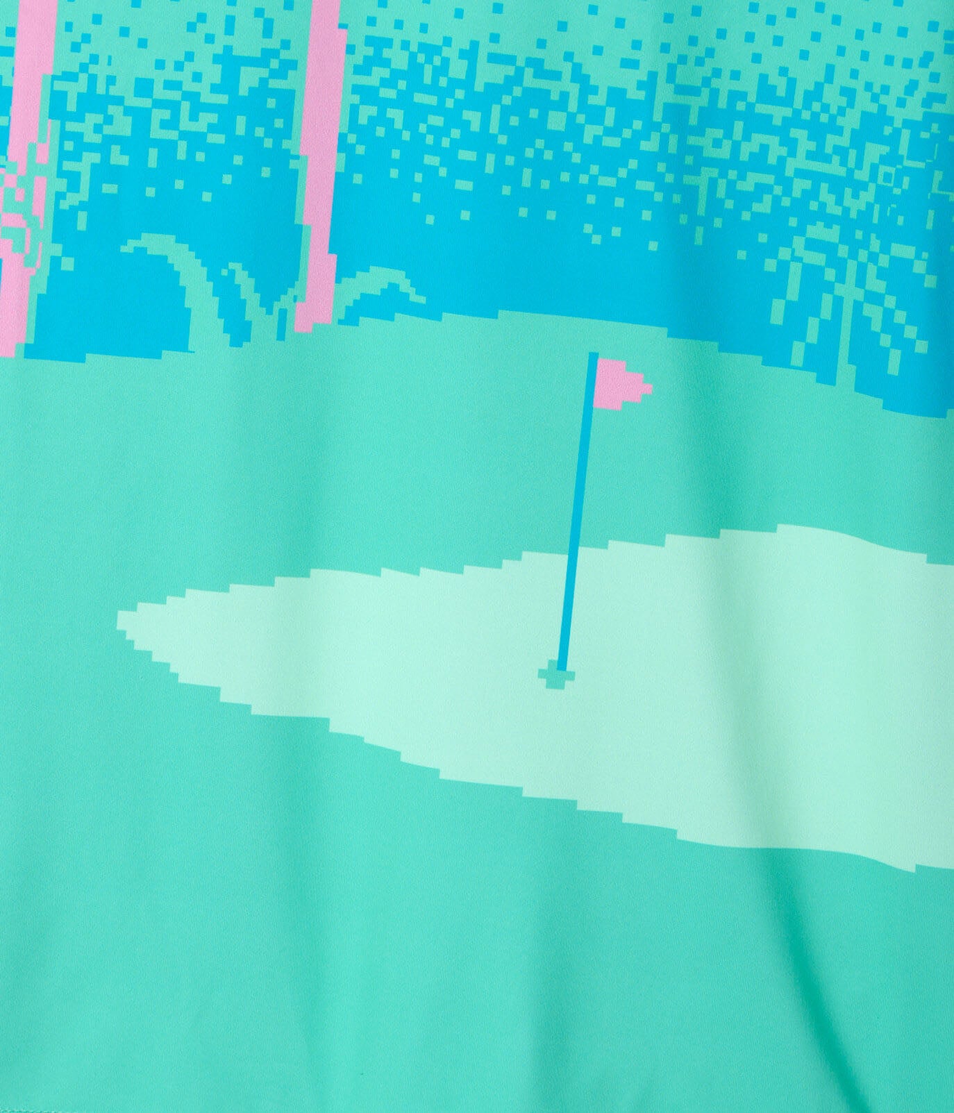 Teal shirt with pixelated golf course design featuring a flag and trees.