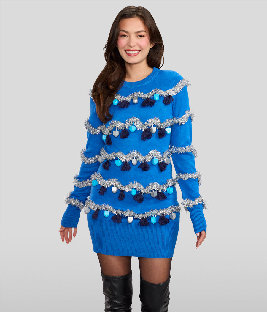 Women's Tinsel Sweater Dress | Funny & Festive Holiday Sweaters | All Sizes | Blue