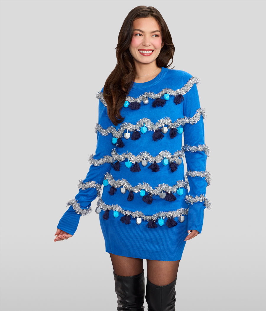 sweater dress costume Women's Tinsel Sweater Dress | Funny & Festive Holiday Sweaters | All Sizes | Blue