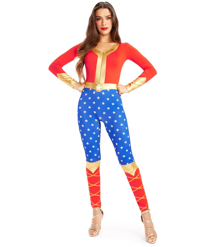 Superhero Wonder Lady Costume | Fun Halloween Adult Costume | Comfortable Performance Stretch | Red / Blue