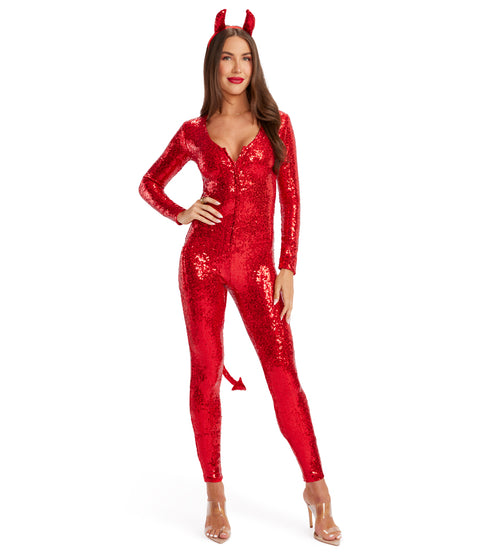 red devil dress Sequin Costume | Fun Halloween Adult Costume | Stretchy & Performance Blend | Elegant Retro Backless Crisscross a devil horn headband FEB 2025 Collection:Island Goddess - Black