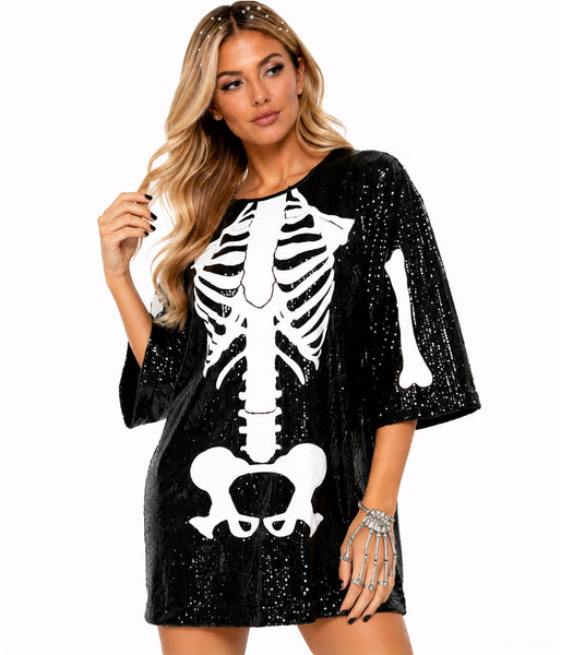 skeleton bodycon dress Sequined Costume | Women's Spooky Halloween Costume Party Dress | Black | XXL Asqwmvz Baggy Pants Men'S Simple Kaftan Timeless mid Size:Us Size 20W
