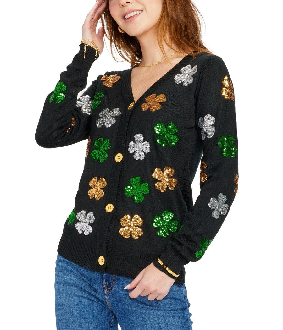 Women's Sequin Clover Cardigan Sweater