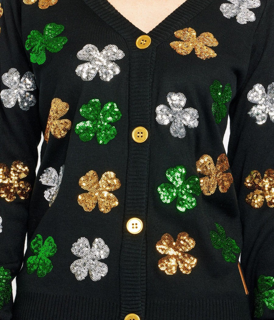 Women's Sequin Clover Cardigan Sweater Image 4