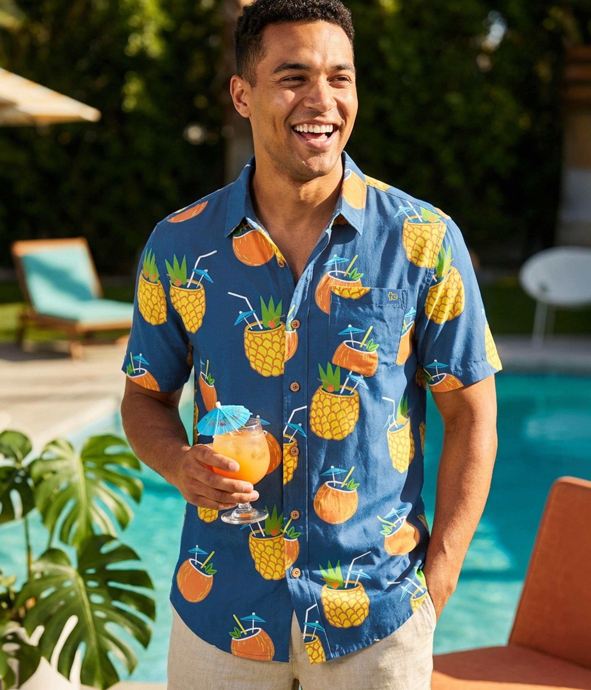 Camicia Hawaiana Double Duck Uomo, Gialla Con Stampe Di Bottiglie Di Birra E Palme, Manica Corta, Taglia XS