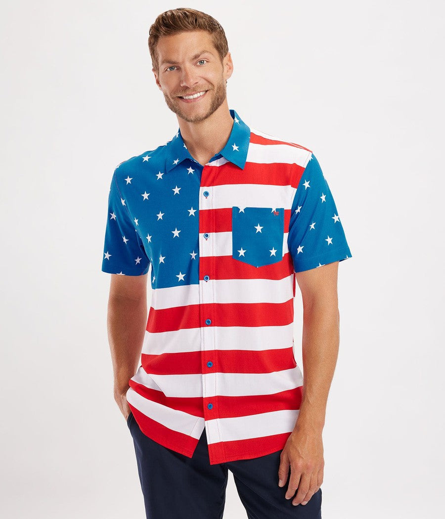 Men's American Flag Hawaiian Shirt | Tipsy Elves Men's American Flag Hawaiian Shirt | Tipsy Elves