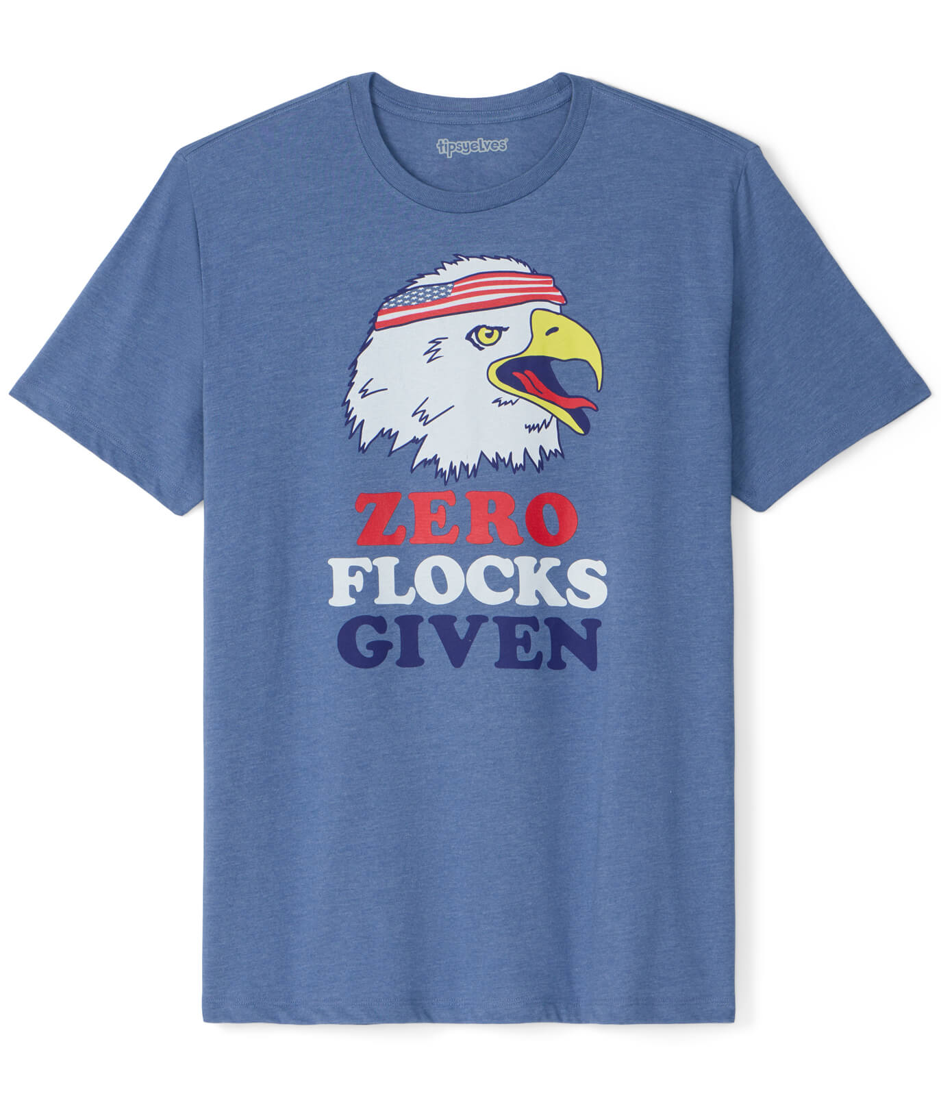 Blue t-shirt with an eagle graphic and text 'Zero Flocks Given' on a white background