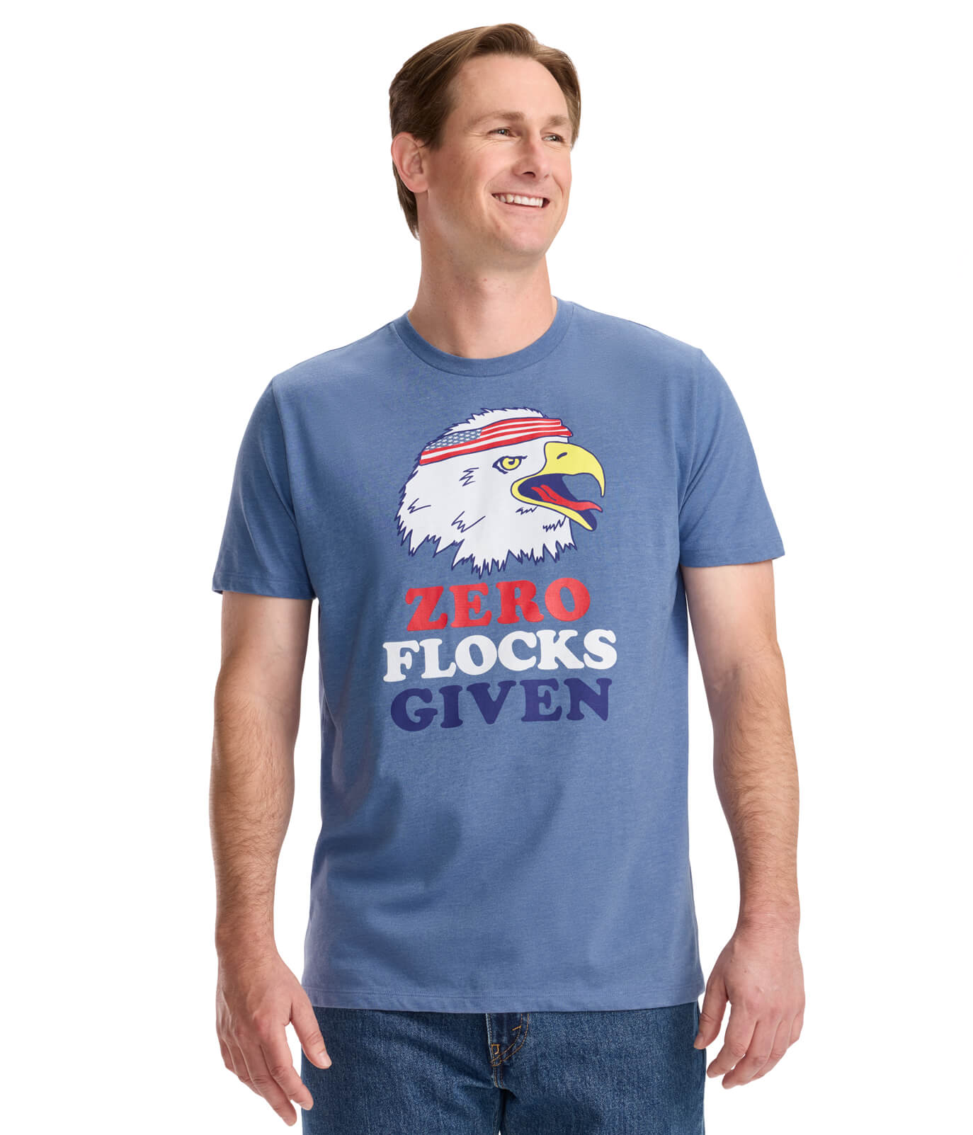 Man wearing a blue t-shirt with an eagle graphic and text on a white background