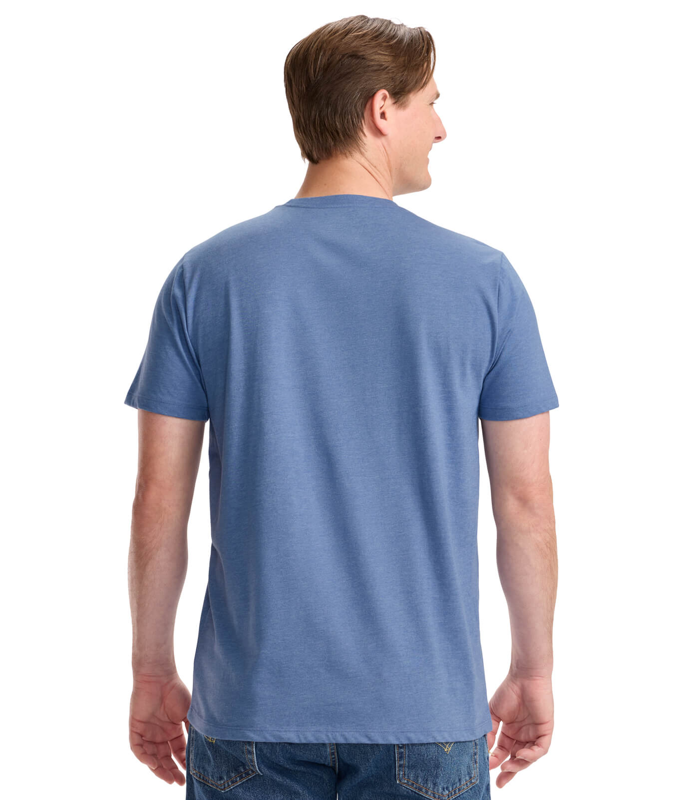 Man wearing a blue t-shirt on a white background