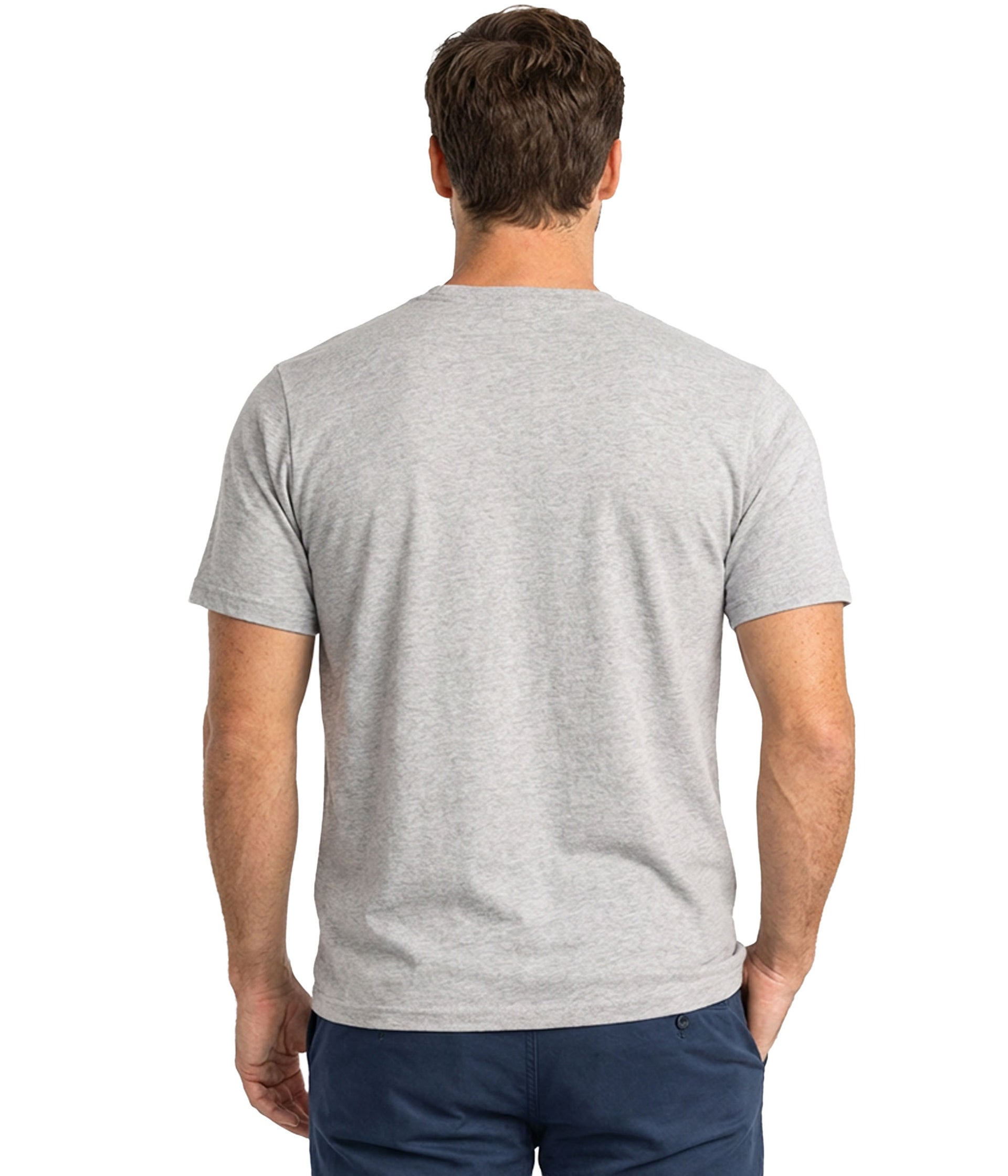 Man wearing a gray t-shirt on a white background