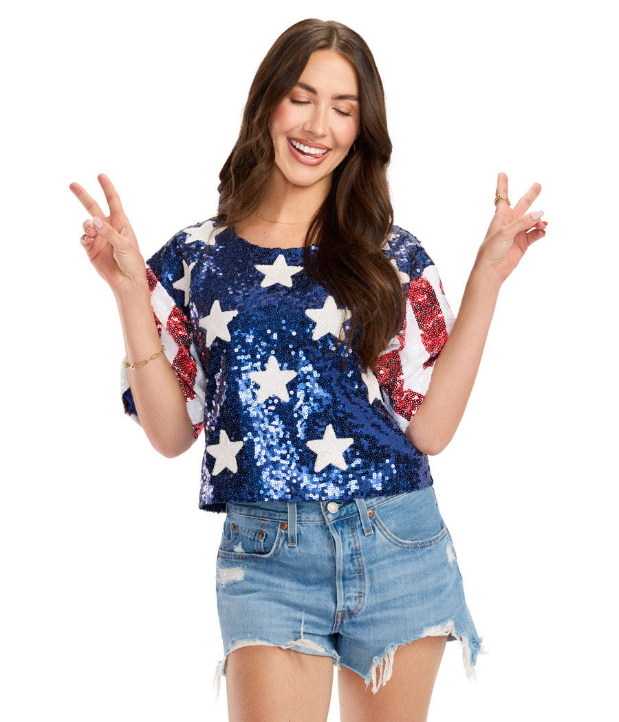 Sequined Stars and Stripes Cropped Tee: Women's Patriotic