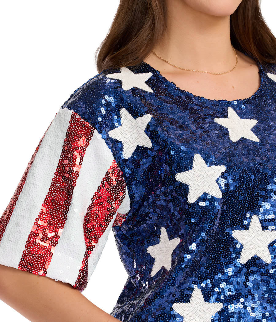 Sequined Stars and Stripes Cropped Tee: Women's Patriotic Outfits