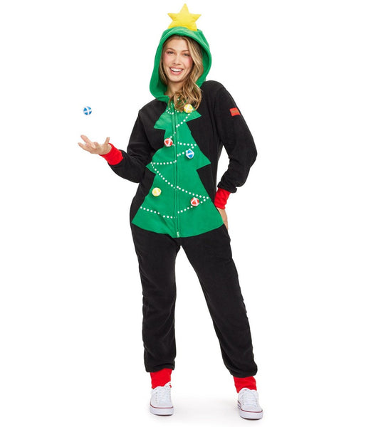 Women's Christmas Tree Toss Game Jumpsuit | Women's cozy Festive Holiday Christmas Onesie | Black | L