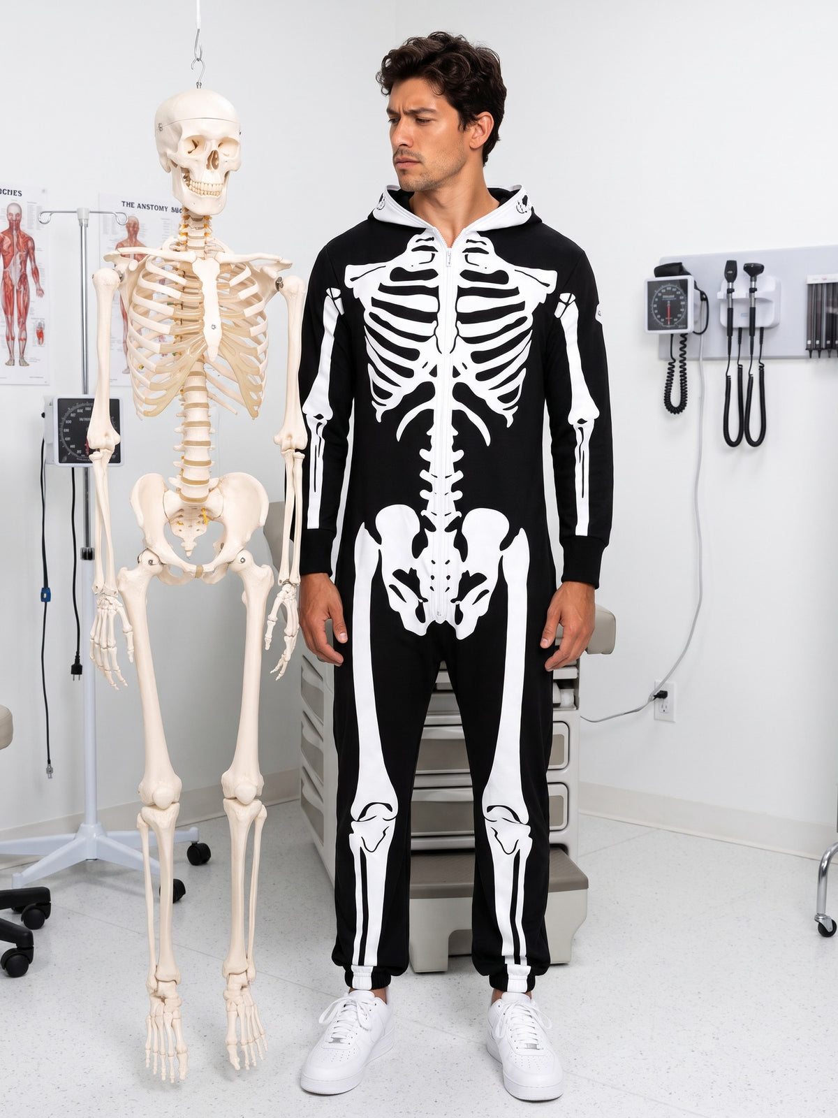 Man in a men's black and white skeleton costume jumpsuit standing next to an anatomy skeleton in a doctor's office - men's Halloween costumes