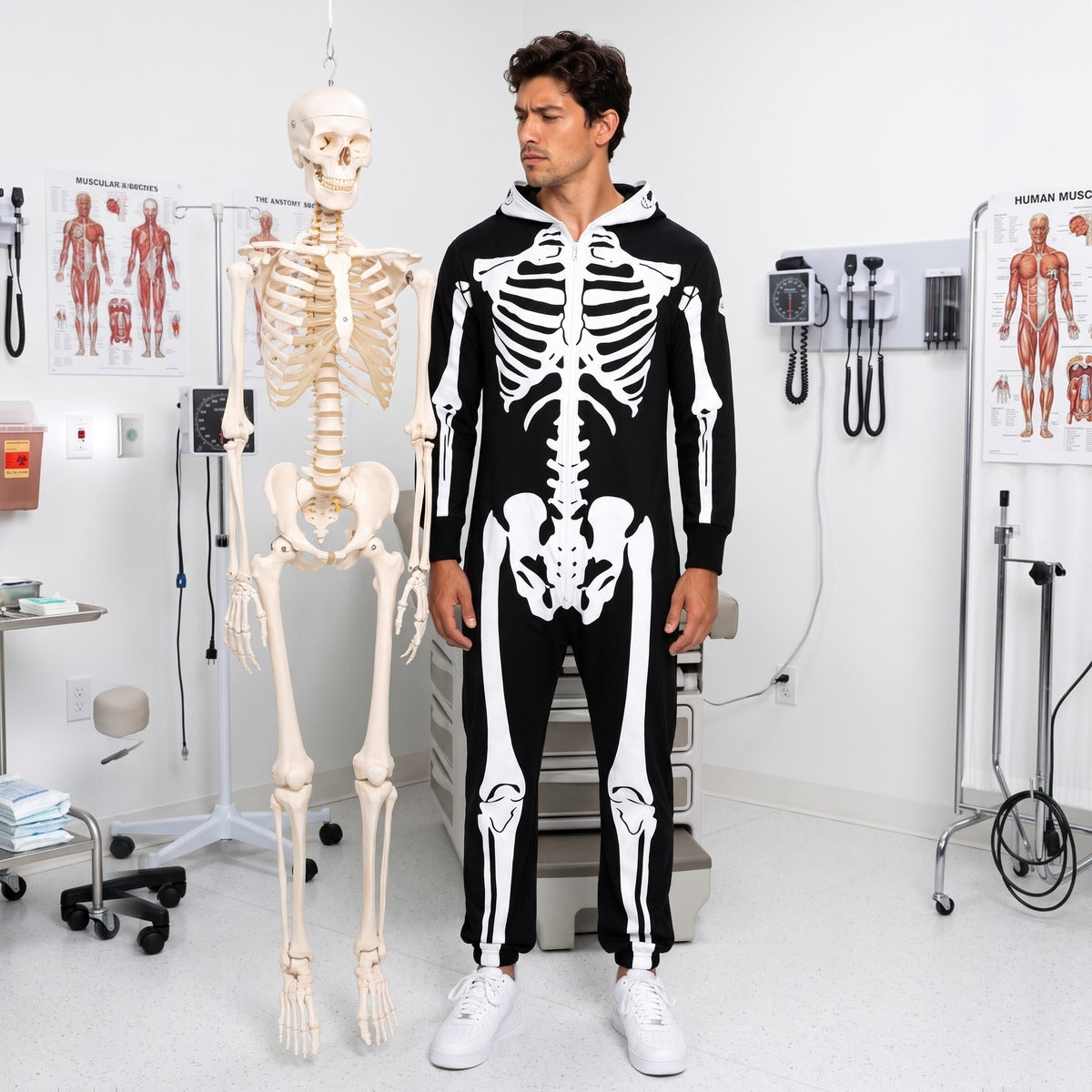Man in a men's black and white skeleton costume jumpsuit standing next to an anatomy skeleton in a doctor's office - men's Halloween costumes