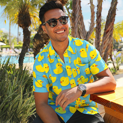 shop vacation - model wearing men's rubber ducky hawaiian shirt