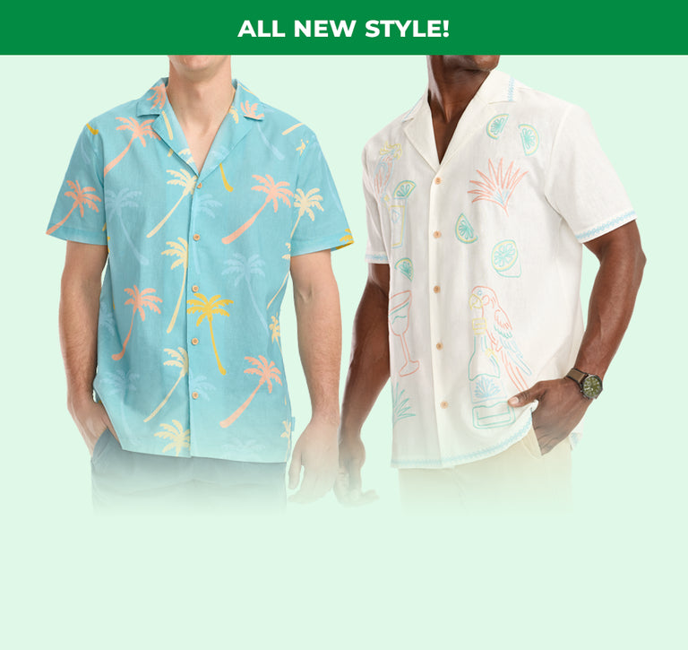 shop new vacation - men's counting palms and Men's Tequilin' Time Linen Cabana Shirts