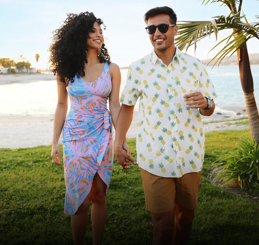 shop vacation - men's pineapple parade hawaiian shirt and women's palm passionfruit midi dress