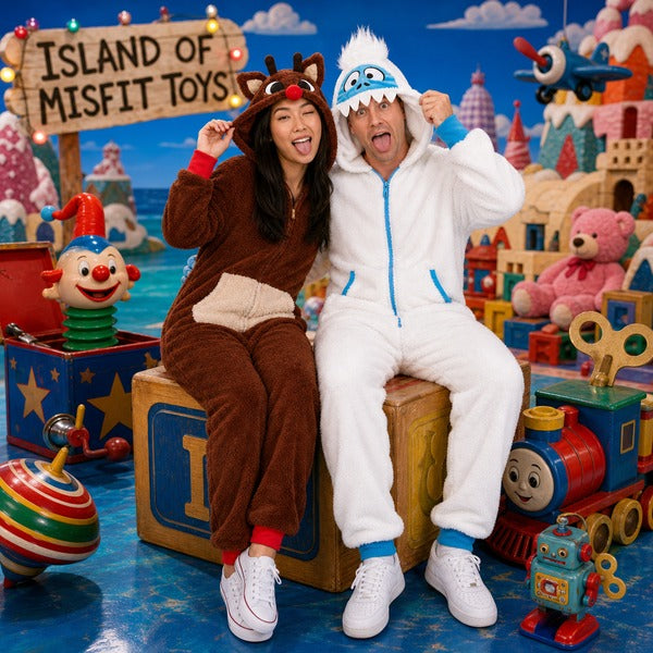 Couple in Rudolph reindeer and Bumble abominable snowman Christmas jumpsuits on the Island of Misfit Toys