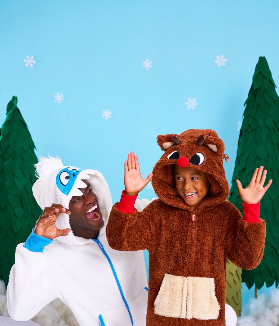 Kids Christmas onesies - yeti and Rudolph reindeer costumes