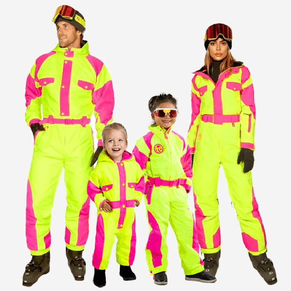 shop matching family - models wearing men's, women's, toddler girl, and girl's powder blaster snow suit