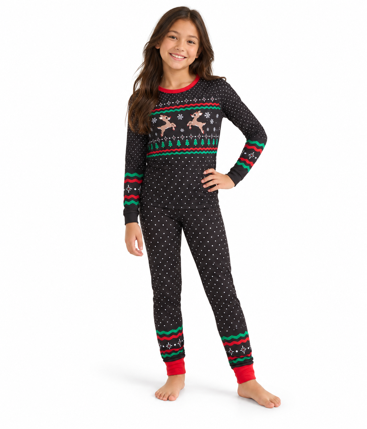 Girl's Fair Isle Rudolph Crew Neck Pajama Set