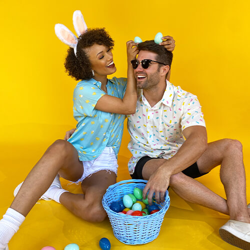 shop easter - image of man and woman wearing easter button down shirts