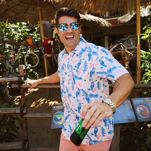 shop hawaiian shirt - image of model wearing toucan tango hawaiian shirt