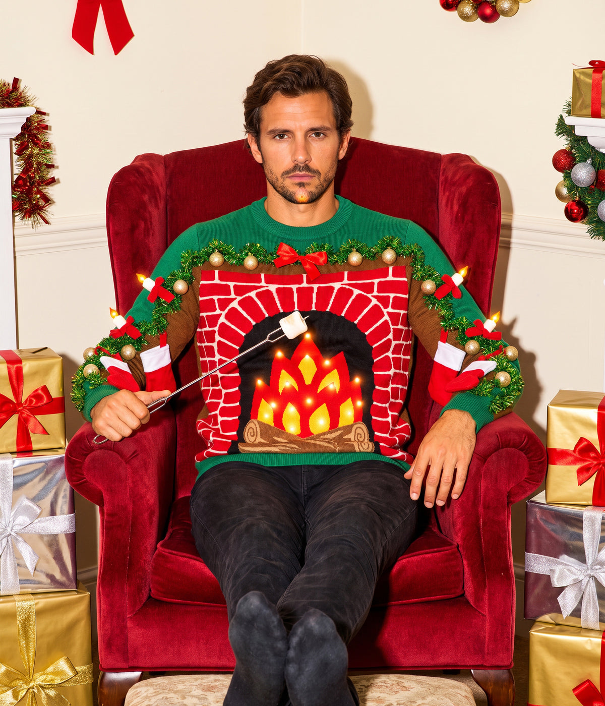 Men's Festive Fireplace Light Up Ugly Christmas Sweater Image 2