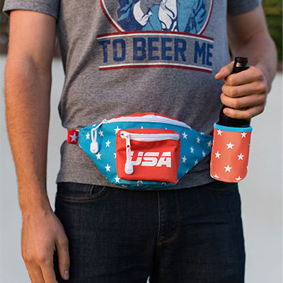 shop fanny packs - image of a man wearing dream team fanny pack