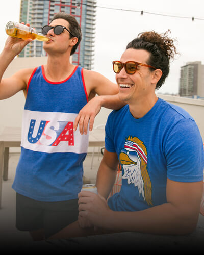 shop mens usa tees and tanks - image of men wearing usa tank top and epic eagle tee
