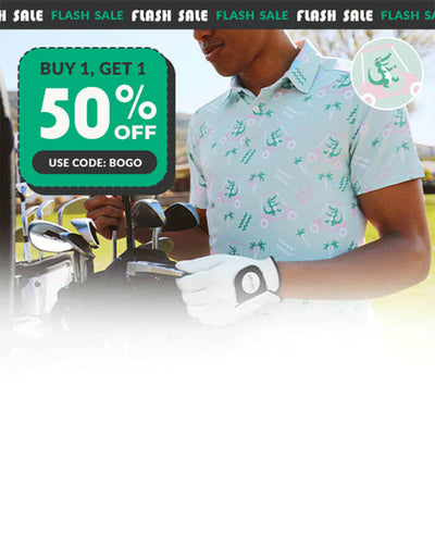 buy one get one 50% off - use code: BOGO - shop golf polos - model wearing golf cart gator golf polo 
