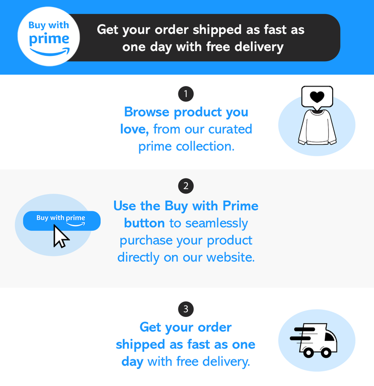 buy with prime banner explaining that if you shop our buy with prime on our website, you can get free shipping as fast as one day