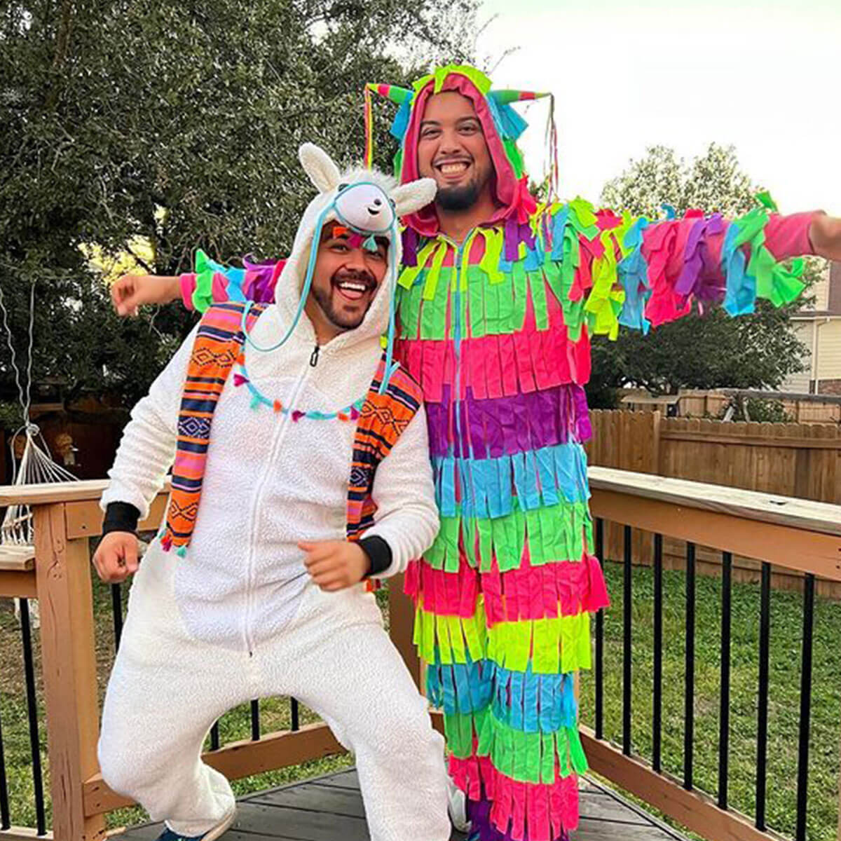 image of men wearing men's llama costume, and men's pinata costume