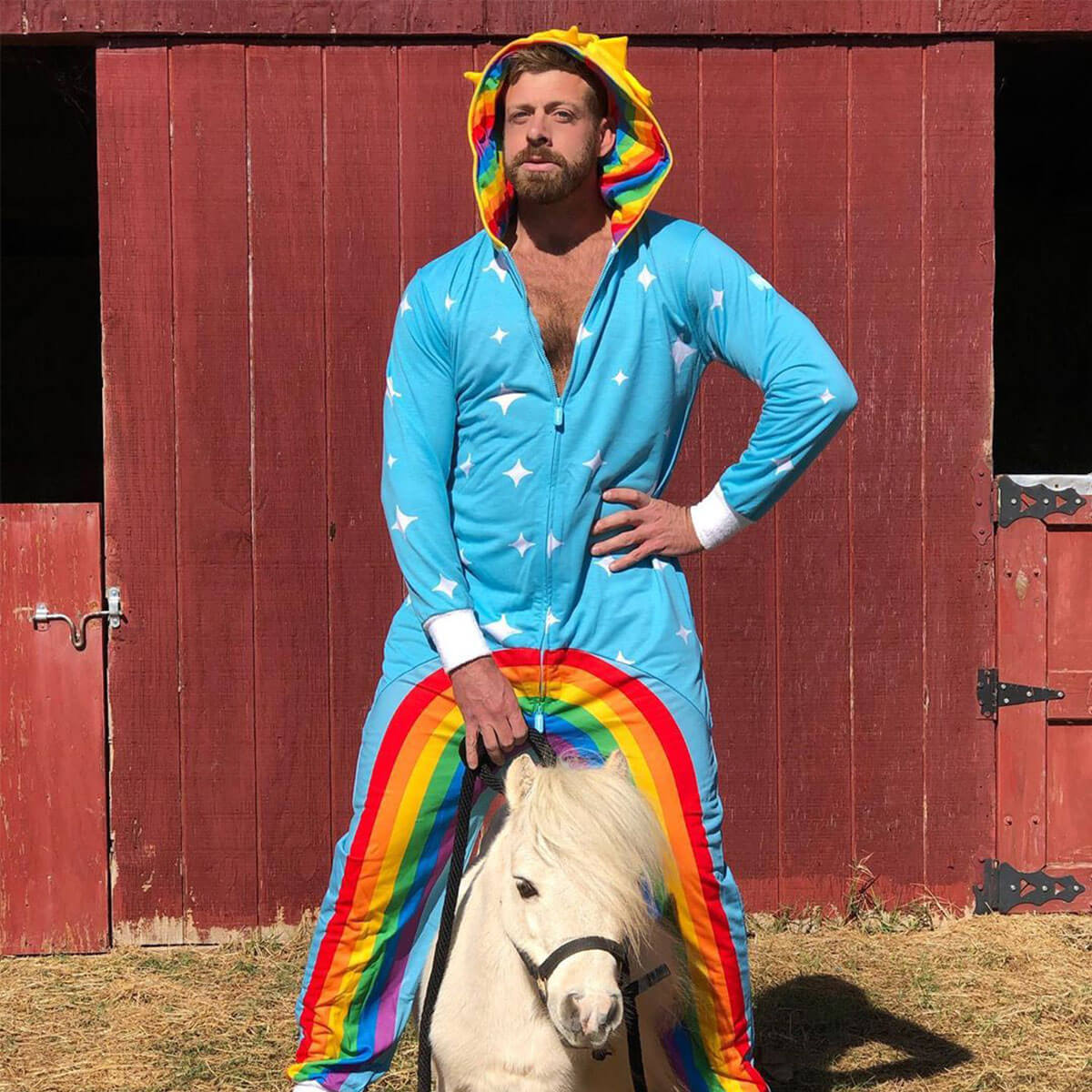image of man wearing men's chasing rainbows costume